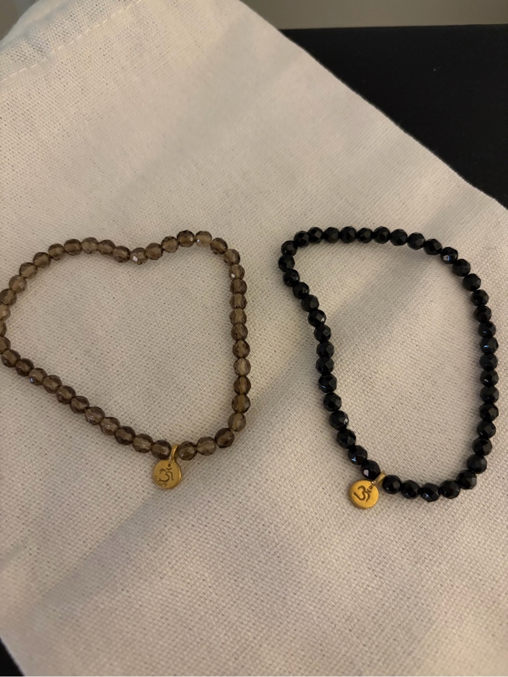 Satya Beaded Stretch Bracelets with Gold Om Charm - Black Onyz & Smoky Quartz